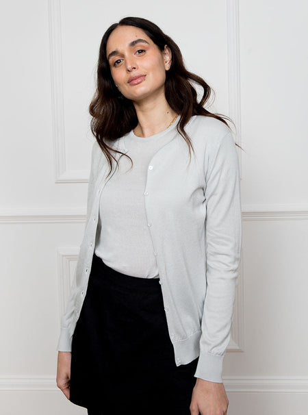 Womens cloud grey cardigan knit in a luxury and premium sea island cotton material.